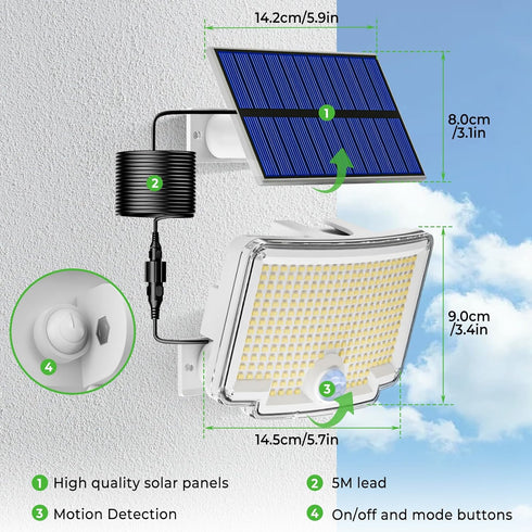 2 Pack 318 3 IP65 Peasur Solar Motion Lights Outdoor, LED Solar Security Light with Modes, Waterproof Powered Flood