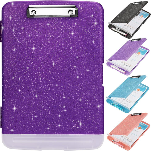 Glitter Clipboard with Storage, A4 Binder Clip Boards 8.5x11 with Pen Holder, Side Opening Sparkle Clipboards for Office