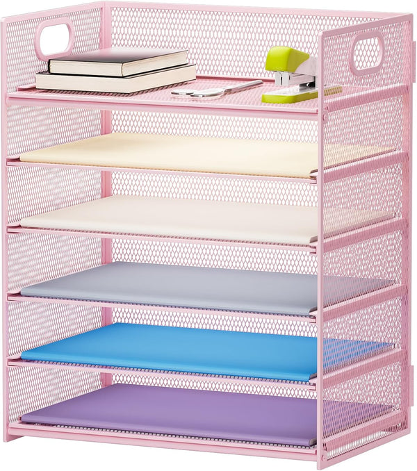 Marbrasse 6 Tier Paper Organizer Letter Tray, Mesh Desk File Organizer with Handle for Letter/A4 Office Files, Pink