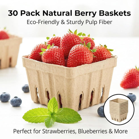 30 Pack Natural Pulp Fiber Berry Basket,Small Molded Produce Vented Basket Kitchen Supplies for Strawberry Blueberry
