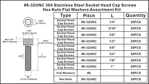 #6-32 UNC Stainless Steel Hex Socket Head Cap Screws Hex Nuts Flat Washers Assortment Kit