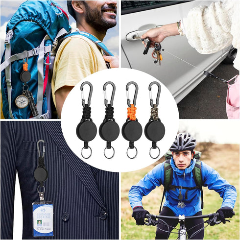 Heavy Duty Retractable Keychain, Carabiner Badge Holder, Steel Retractable Cord and Paracord, 4 Pack