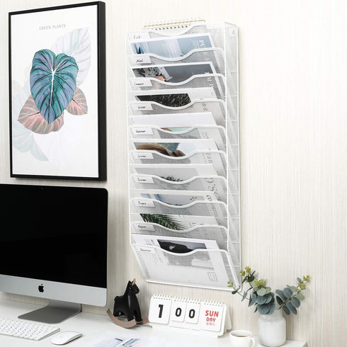 EasyPAG Wall File Organizer, 10 Tire Vertical Mesh Metal Hanging File Holder, Paper Document Rack for Home Office