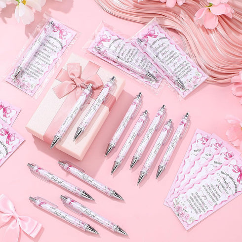 Sayglossy 50 Sets Pink Baby Shower Pens with Thank You Cards Baby Shower Favors for Guests Pink Bow Ballpoint Pens Bulk