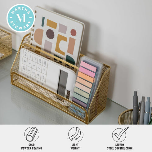 Martha Stewart Ryder Gold Mesh Metal 6 Piece Set, Desktop Organizers and Accessories for Files, Magazines, Pens, Sticky