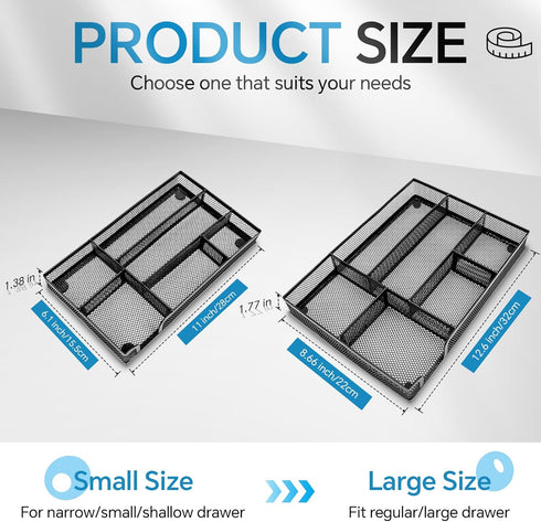 Desk Drawer Organizer, Black - Office Drawer Divider Tray with 6 Compartments, Metal Mesh for Stationery & Makeup