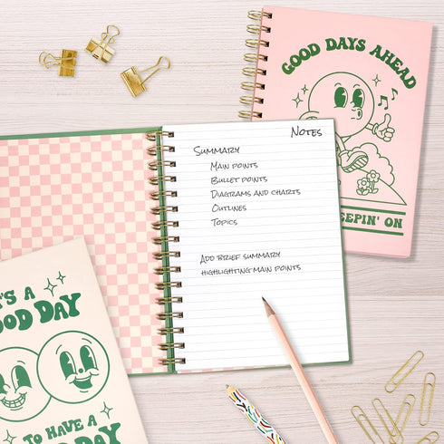 Pink Green Aesthetic Hardcover Notebooks, A5 size 5.8 x 8.3 inch, 4 Pack, Cute Spiral Journal for School, Retro