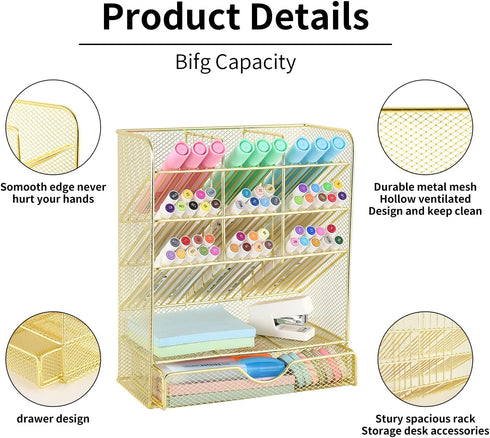 Spacrea Mesh Pen Organizer, Pencil Holder for Desk, Desk Organizer with Drawer for School, Home, Art Supplies, Gold