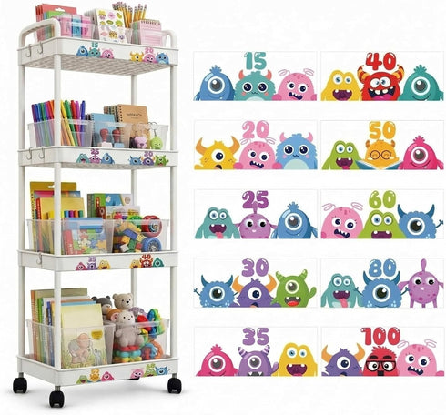 4 Tier Classroom Rolling Cart Storage Utility Cart with Handle Hook, Monster
