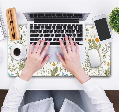 Cute Flowers Desk Mat, Pressed Dried Floral Mouse Pad, XXL Large Extended Gaming Mousepad 31.5x15.75 in for Women Office