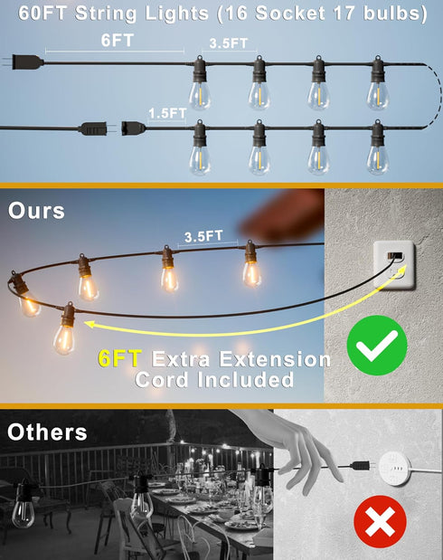 Jerritte 60FT 16+1 IP65 Bulbs, 2700K Dimmable Commercial LED Outdoor String Lights with Edison Shatterproof Waterproof