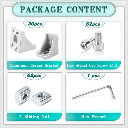 30 Set Silver 2020 Series Aluminum Extrusion Profile Connector, Includes Wrench and Corner Brackets