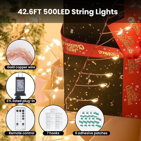 500 42Ft Dailyart Fairy Lights Plug in, Led with Remote Small Warm String Lights with Timer Long Twinkle Waterproof