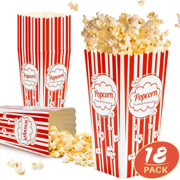 MAQIHAN 18PCS Popcorn Boxes, 46oz Square Popcorn Buckets for Kids Christmas Movie Night, Red & White