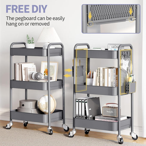 TOOLF 3 Tier Rolling Utility Cart with Wheels, Metal Storage Organizer for Bathroom and Kitchen