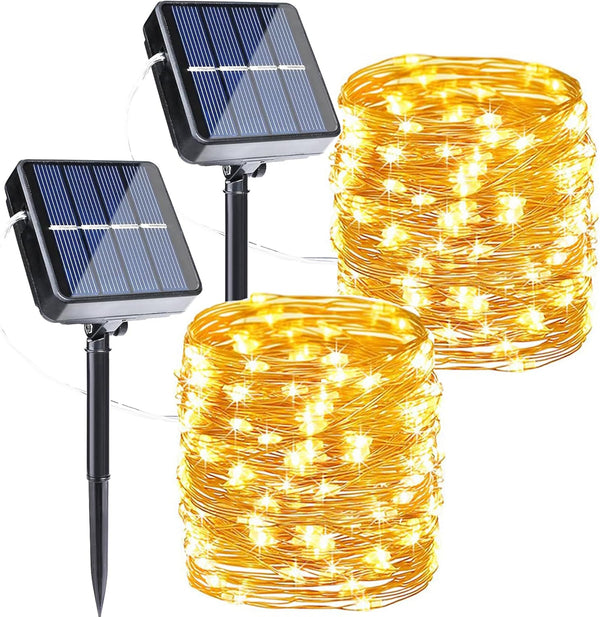 Joomer Solar String Lights Outdoor, 2Pack 100ft 300LED Waterproof Fairy Lights for Garden Decoration (Warm White)