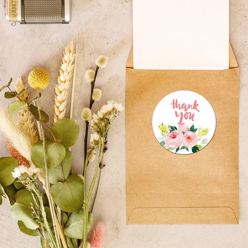 Pink Flower Thank You Stickers, 50PCS Self-Adhesive 2 Inch Labels for Wedding, Small Business, and Party Favors