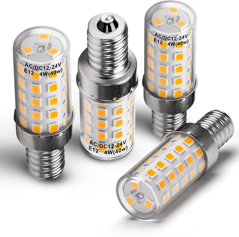 12V E12 LED Candelabra Bulb, 40W Equivalent Warm White 2700K, 4W 450Lm Low Voltage for RV Camper Marine Boat, 4-Pack