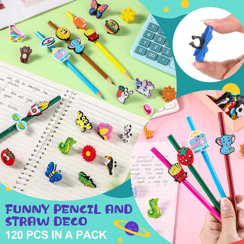 Pencil Charms Bulk for Kids, 120 Pcs Pencil Clips and Decorations for Classroom Rewards