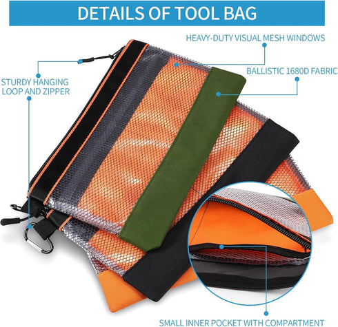BESARME 3 Pcs 11.8" Clear Tool Pouch with Zipper, Heavy-Duty Waterproof Zipper Tool Pouch for Electricians