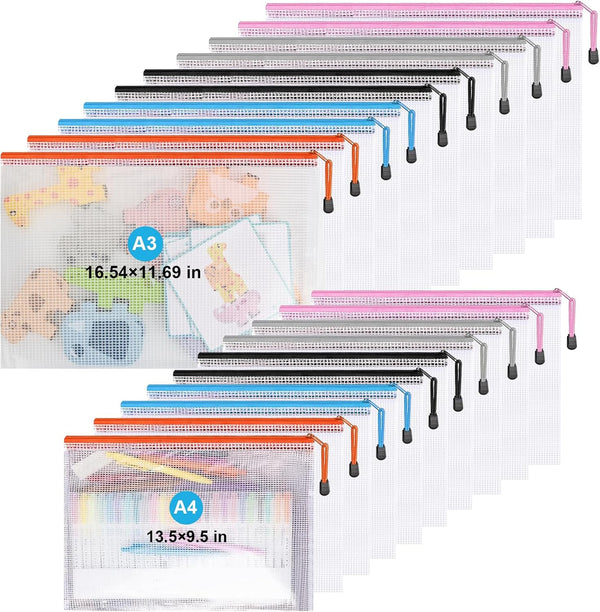 Mesh Zipper Pouch Bags - 10 Pcs A3 + 10 Pcs A4 Zipper Pouches for Organizing, Storage Bags for Office Supplies