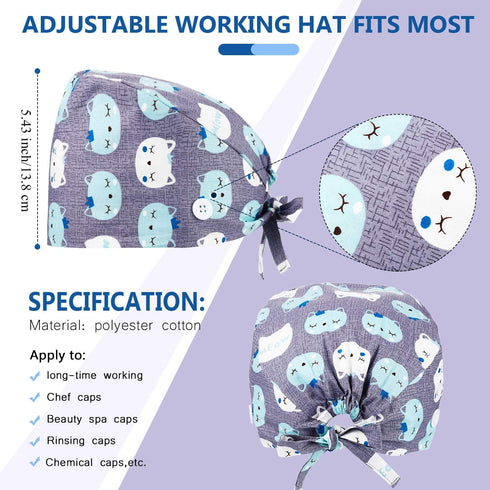 Geyoga 10 Pcs Women Nursing Scrub Caps, Surgical Cap with Buttons, Adjustable Breathable Turban Hats