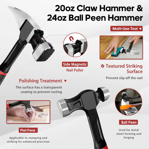 4-Piece Hammer Set 2LB 24oz 20oz 3LB Sledgehammer YIYITOOLS - Dead Blow, Ball Peen, Claw, - One-Piece Carbon Steel