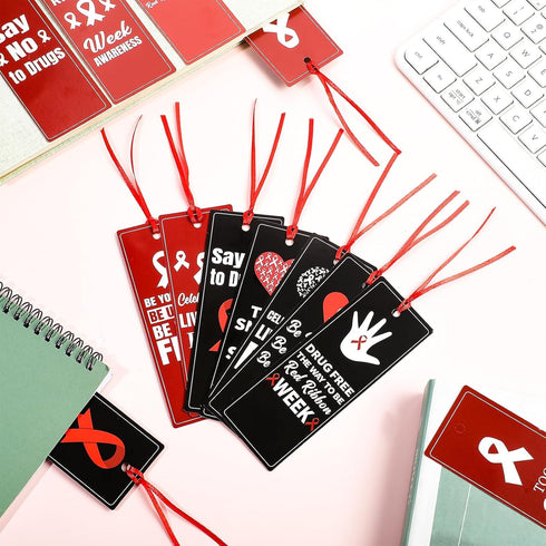 Qilery 120 Pcs Red Ribbon Week Drug Free Bookmarks, Awareness Bookmarks with Ribbon for Charity Event