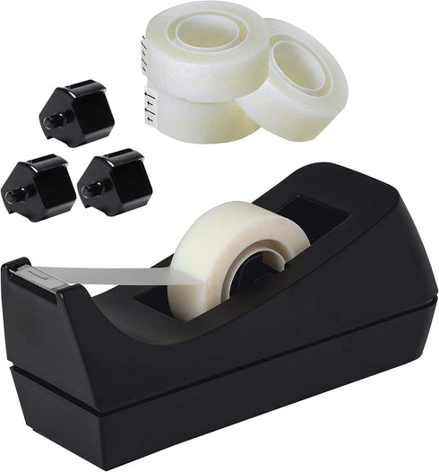 Desktop Tape Dispenser Black Non-Skid Base with 3 Premium Rolls Invisible Tape with 2 Extra Tape Dispenser Replacement Core by Top Quality Value Packs