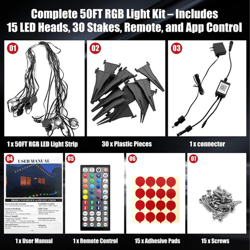 50FT 2-in-1 Permanent Outdoor Lights, Waterproof Eaves & Ground Stakes LED String Lights with App/Remote Control