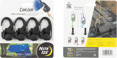 Nite Ize CamJam Cord Tightener, Tie Down Cam Mechanism with Carabiner Clip, Utility Rope & Cord Tightener (4 Pack)