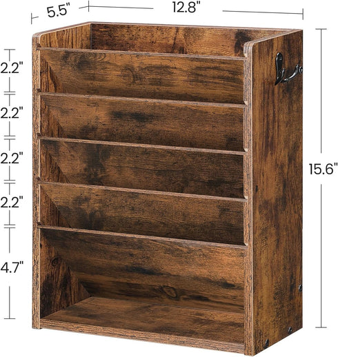 Wall File Organizer, 6-Tier Vertical Mount Hanging Holder with Vintage Wooden Magazine Storage Crate