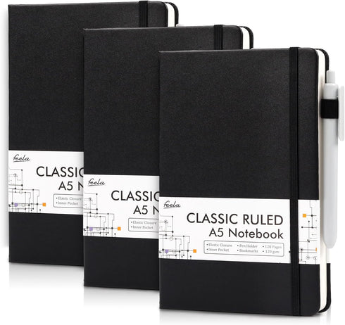 feela 3 Pack A5 Notebooks with 3 Black Pens, Hardcover Classic Ruled Journal Set with Pen Holder for Business