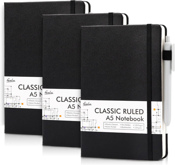 feela 3 Pack A5 Notebooks with 3 Black Pens, Hardcover Classic Ruled Journal Set with Pen Holder for Business