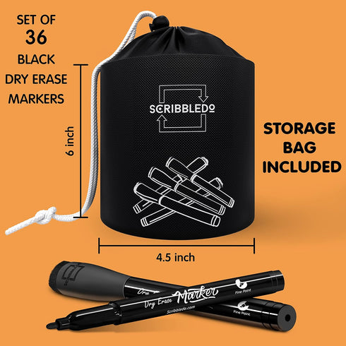 Scribbledo 36 Pack Dry Erase Markers - Black Fine Tip Whiteboard Markers with Eraser Cap for Home & School
