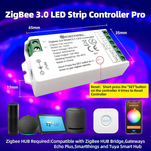 3.0 Dimming GIDERWEL Smart Zigbee LED Controller RGBWW Work with ZigBee Hub Bridge,Echo Plus,Tuya Smart Hub