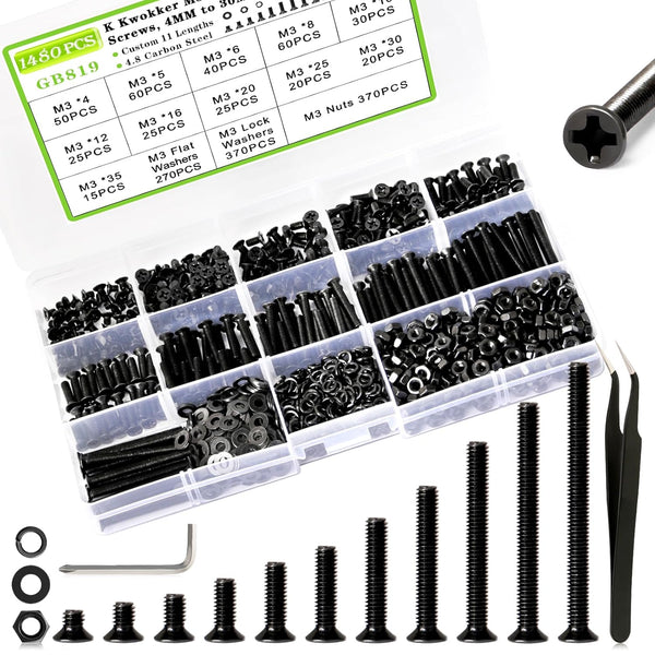 K Kwokker 1480Pcs M3 Flat Head Phillips Machine Screws, 4mm to 35mm M3 Screw