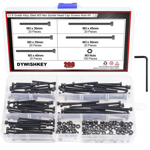 DYWISHKEY 200 Pieces M3 Hex Socket Head Cap Bolts Screws Nuts Kit with Hex Wrench, 12.9 Grade Alloy Steel