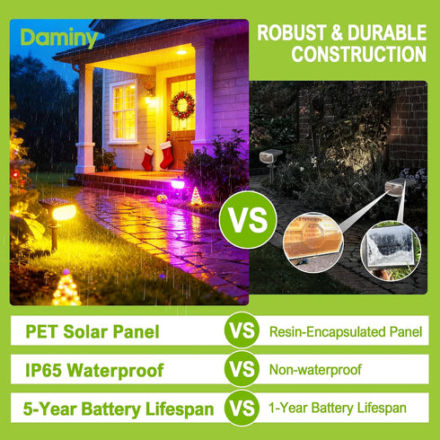 9 IP65,Multicolor Deconrations-4 Pack DAMINY Color Changing Solar Spot Lights Lighting Modes, Outdoor Waterproof RGB