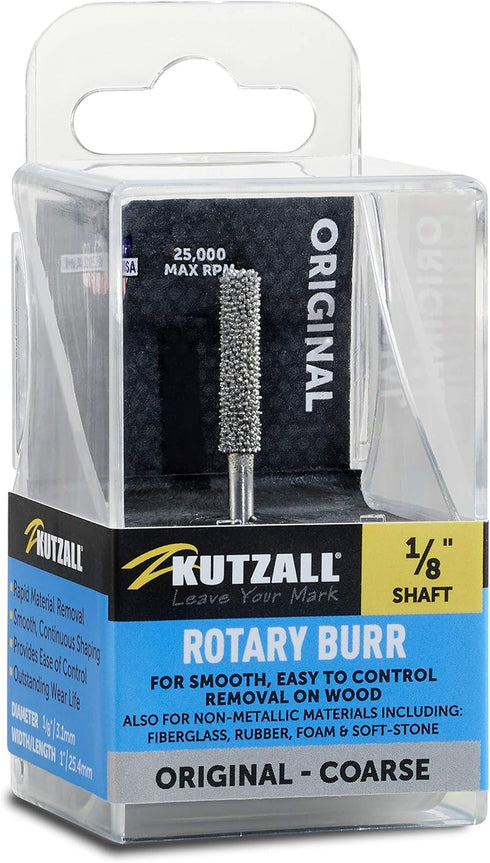 Kutzall Original Cylinder Rotary Burr, 1/8" Shaft, Coarse - Wood Carving Bit for Dremel, Foredom, DeWalt