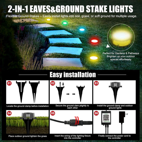 100 2-in-1 FT Permanent Outdoor Lights, Waterproof Eaves & Ground Stakes LED String Lights with App/Remote Control
