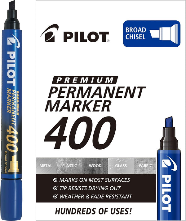 PILOT Premium 400 Permanent Markers, Broad Point Chisel Tip Blue Ink, Box of 12
