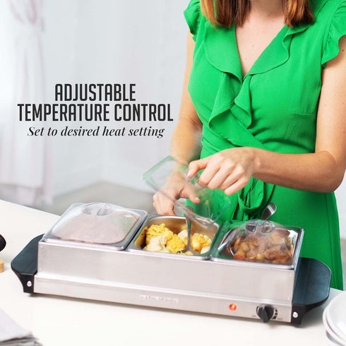 OVENTE Electric Buffet Server and Food Warmer, Three 1.5 Quart Chafing Dish Set with Stainless Steel Tray