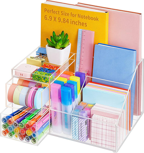 VITVITI Acrylic Desk Organizer, Clear Multifunctional Pencil Holder with Drawer, 8 Compartment Storage