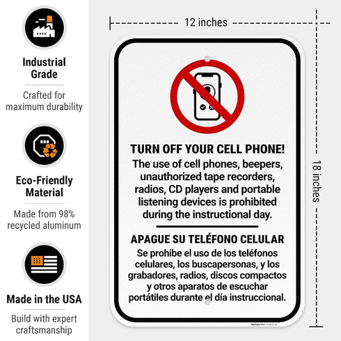 12x18 Inches, 3M .063 Turn Off Your Cell Phone The use of Cell Phones beepers Unauthorized Tape recorders Sign, EGP