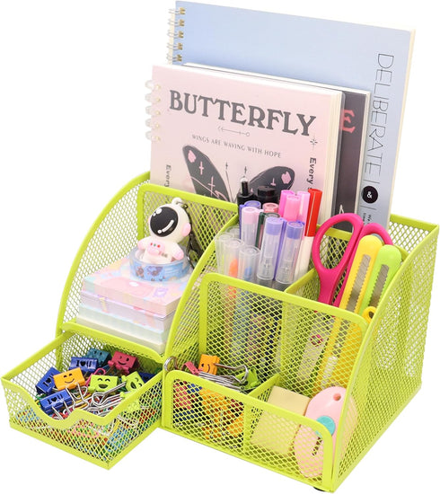 Boutilon Mesh Desk Organizer with 6 Compartments and 1 Drawer, Multi-Functional Caddy Pen Holder for Home Office School