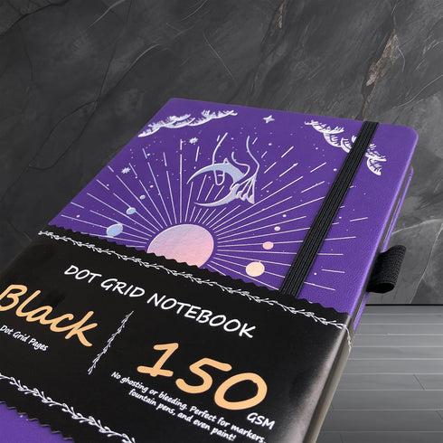 BUKE Dotted Journal, 150gsm Black Paper, 5 * 5mm DOT GRID Layout, 160 Pages, A5 PU Leather Hardcover (Purple)