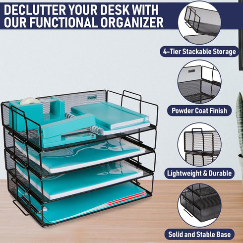 Stackable Paper Tray Desk Organizer - 4-Tier Metal Mesh Letter Organizers for Business, Home, School, Multi-Functional