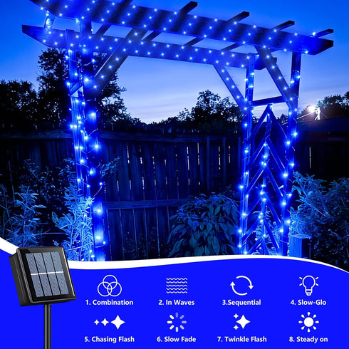 4 Pack 33ft 100 8 QITONG Solar Fairy Lights, Each LED Blue Christmas String Light Outdoor Waterproof, Modes Silver Wire