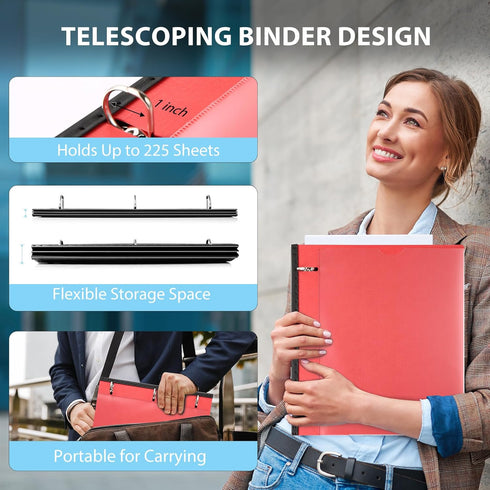 WOT I Telescoping 3 Ring Binder - 1 Inch, 12PCS, Flexible Binder with Expandable Spine and Clear Catalog Pocket